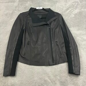 Trouve Soft Leather Moto Jacket Womens S Black Zip Up Draped Neck Ribbed Trim